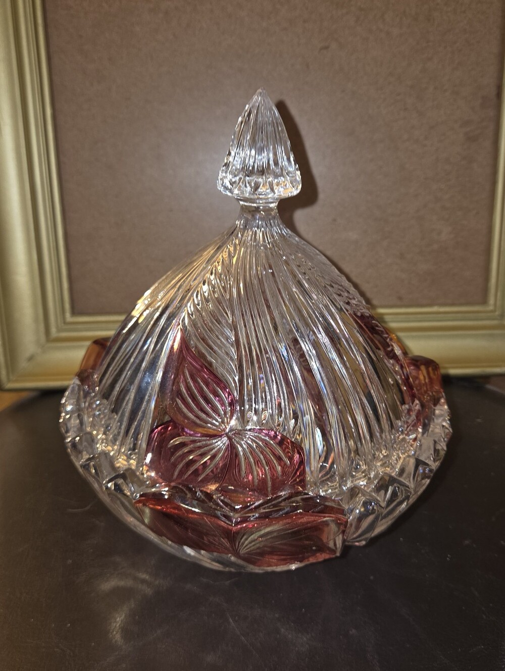 Vintage Glass Candy Jar Pedestal Pink with Dogwood Flower Design